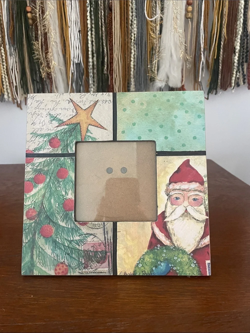 Festive Santa & Tree Painted Photo Frame - Holiday Green Red